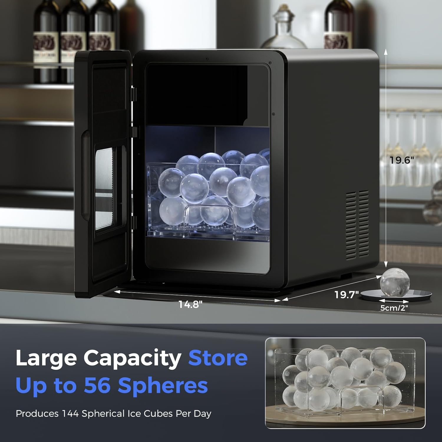 2inch Ice Ball Maker – 4 pcs Round Cubes in 35 Mins, 144pcs/Day, Clear Sphere Ice Maker Machine for Whiskey, Bourbon & Cocktails, Self-Cleaning, Auto Water Supply, for Home Bar & Parties