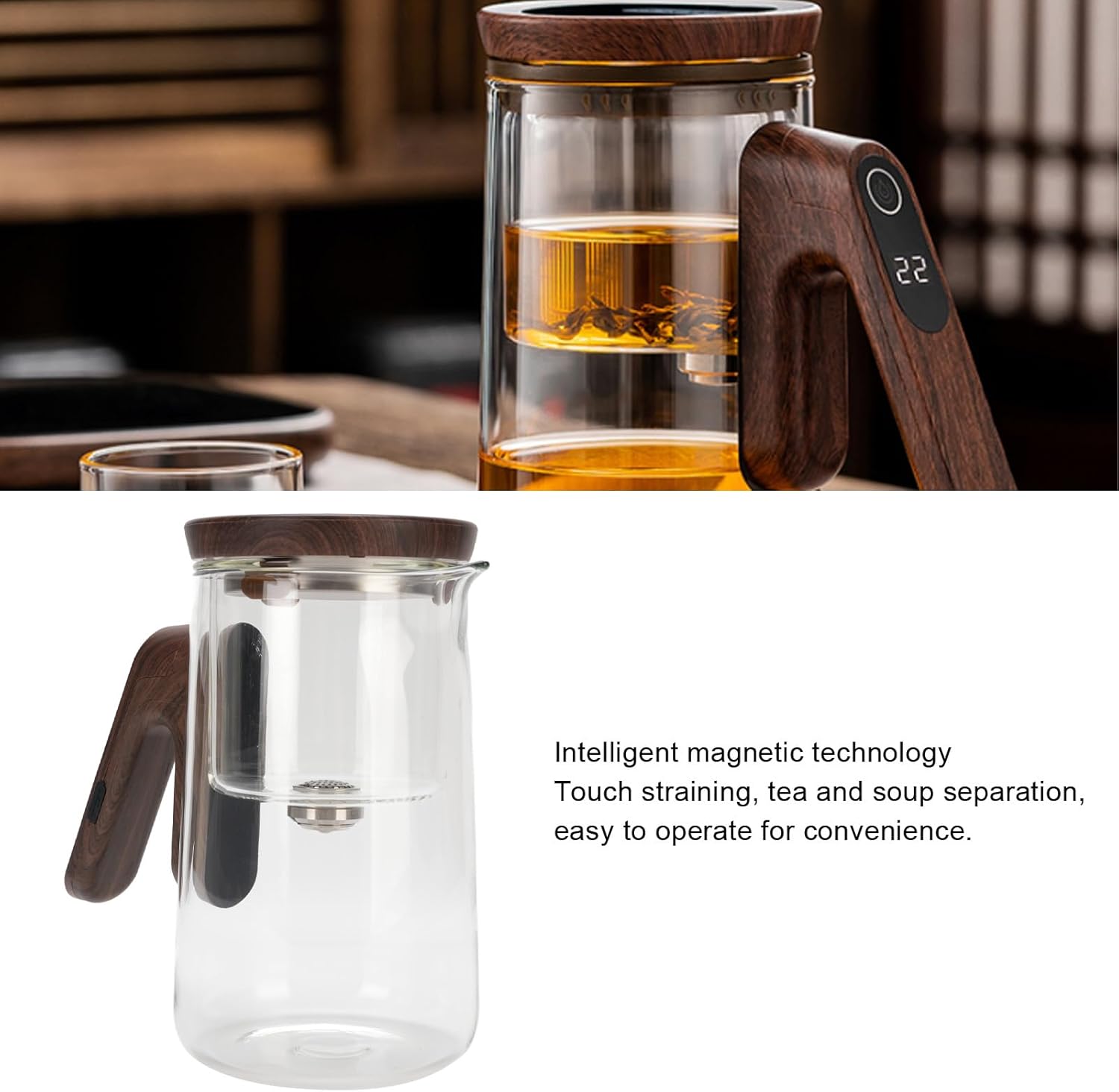 Glass Tea Pot, Transparent Tea Pot, 800ml Magnetic Water Separation Teapot with Strainer Timer for Brewing Tea