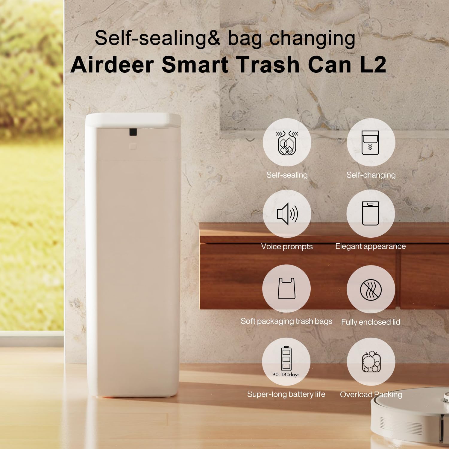 Automatic Trash Can, 4 Gallon Self Sealing and Self-Changing Smart Trash Can, Motion Sensor, Touchless Garbage can with lid for Kitchen Bathroom Office, 6 Refill Rings(A1, Golden line)