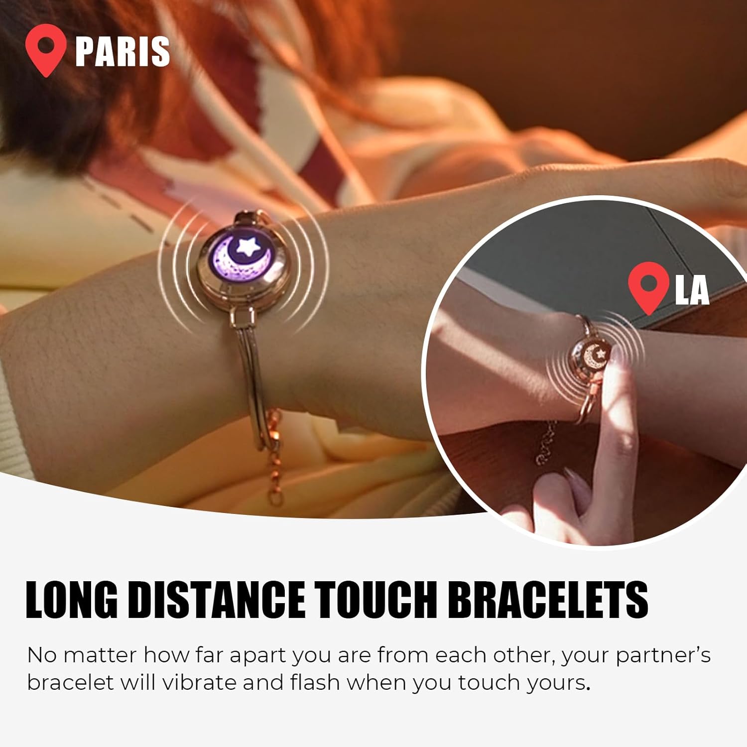Long Distance Touch Bracelets for Couples, Vibration & Light up for Love Couples Bracelets | Long Distance Relationship Gifts for Girlfriend Bluetooth Pairing Jewelry