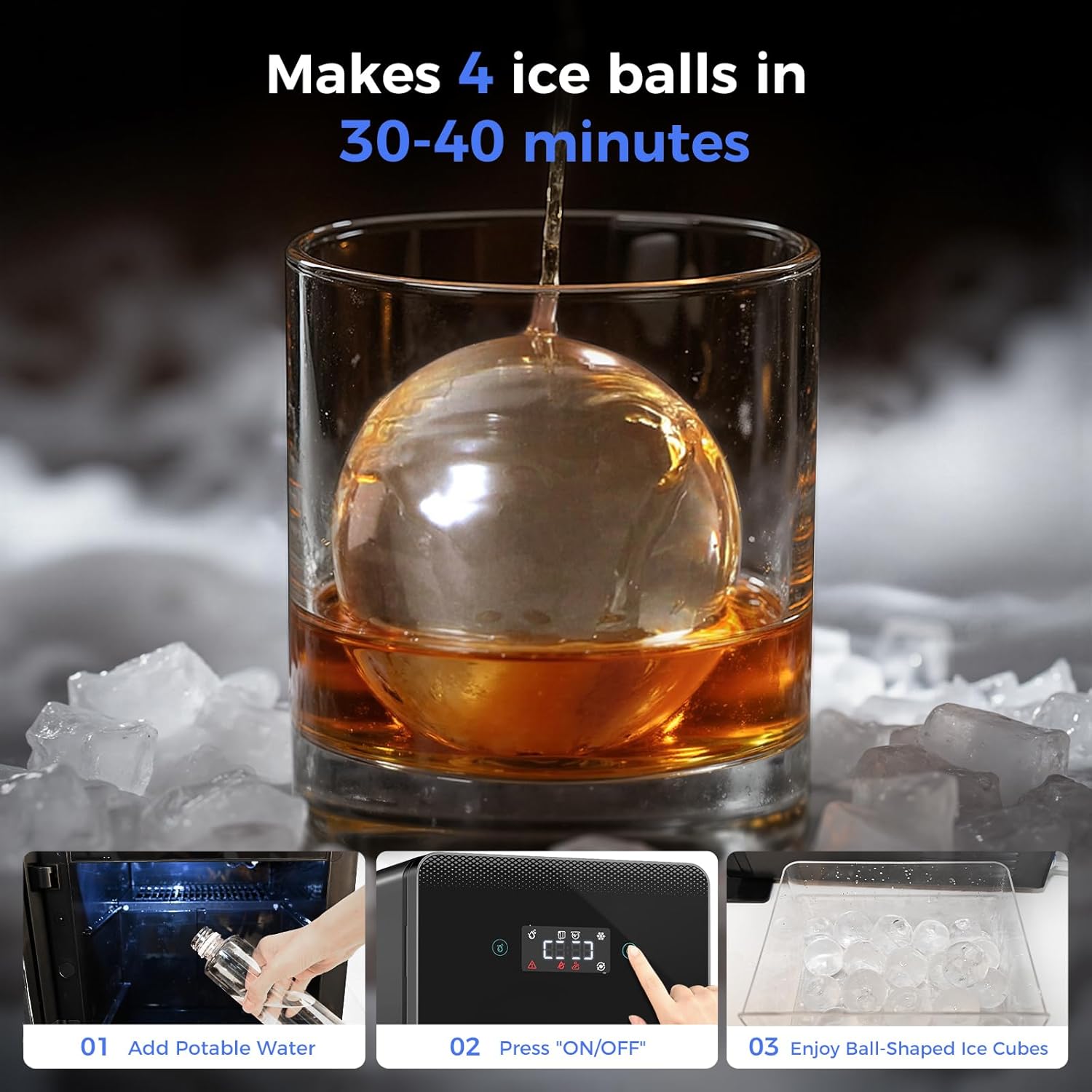 2inch Ice Ball Maker – 4 pcs Round Cubes in 35 Mins, 144pcs/Day, Clear Sphere Ice Maker Machine for Whiskey, Bourbon & Cocktails, Self-Cleaning, Auto Water Supply, for Home Bar & Parties