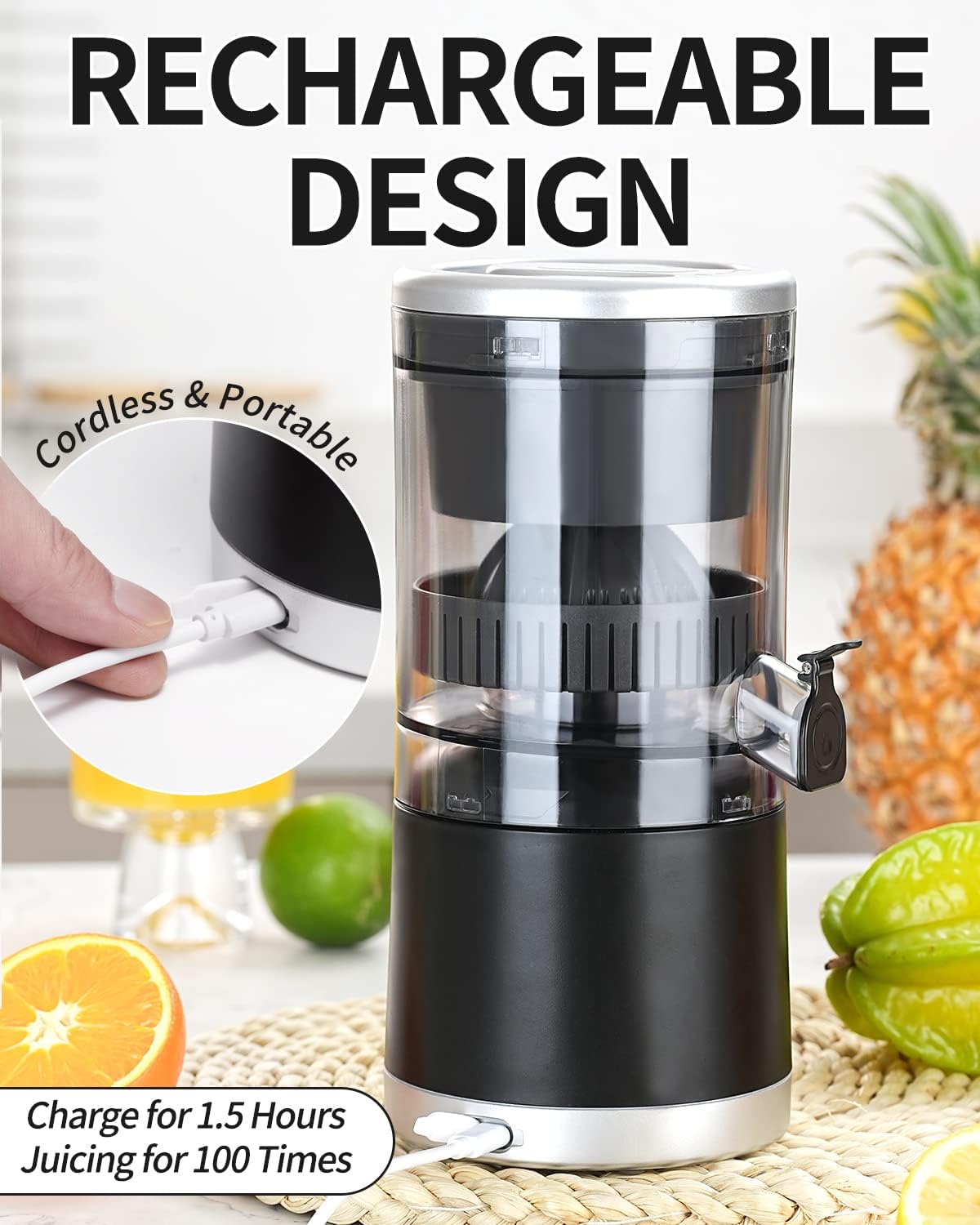Citrus Juicer Machines Rechargeable - Portable Juicer with USB and Cleaning Brush for Orange, Lemon, Grapefruit