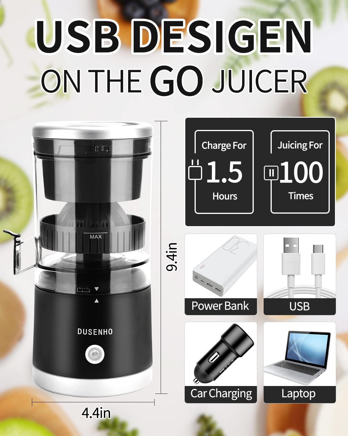 Citrus Juicer Machines Rechargeable - Portable Juicer with USB and Cleaning Brush for Orange, Lemon, Grapefruit