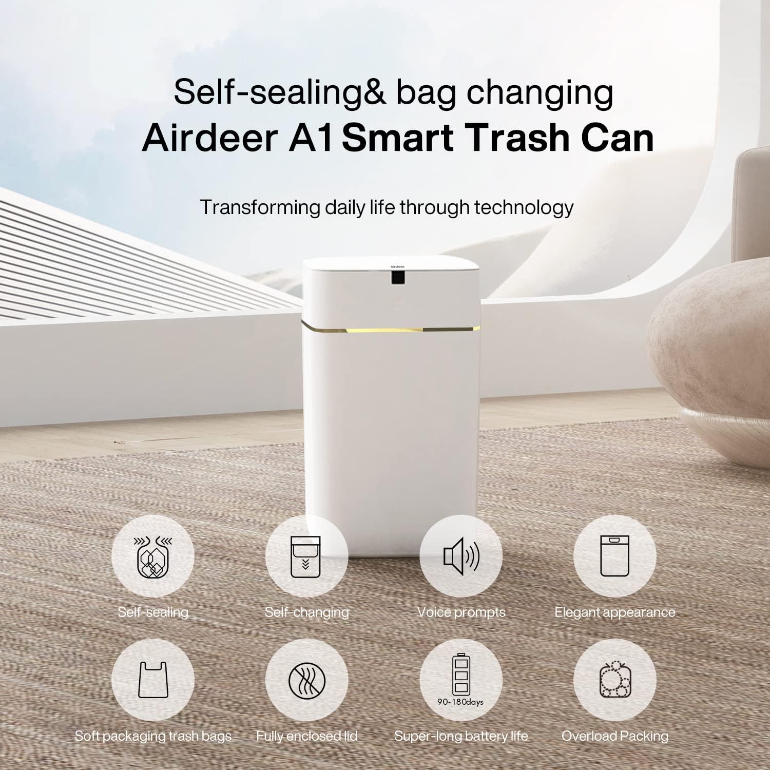 Automatic Trash Can, 4 Gallon Self Sealing and Self-Changing Smart Trash Can, Motion Sensor, Touchless Garbage can with lid for Kitchen Bathroom Office, 6 Refill Rings(A1, Golden line)