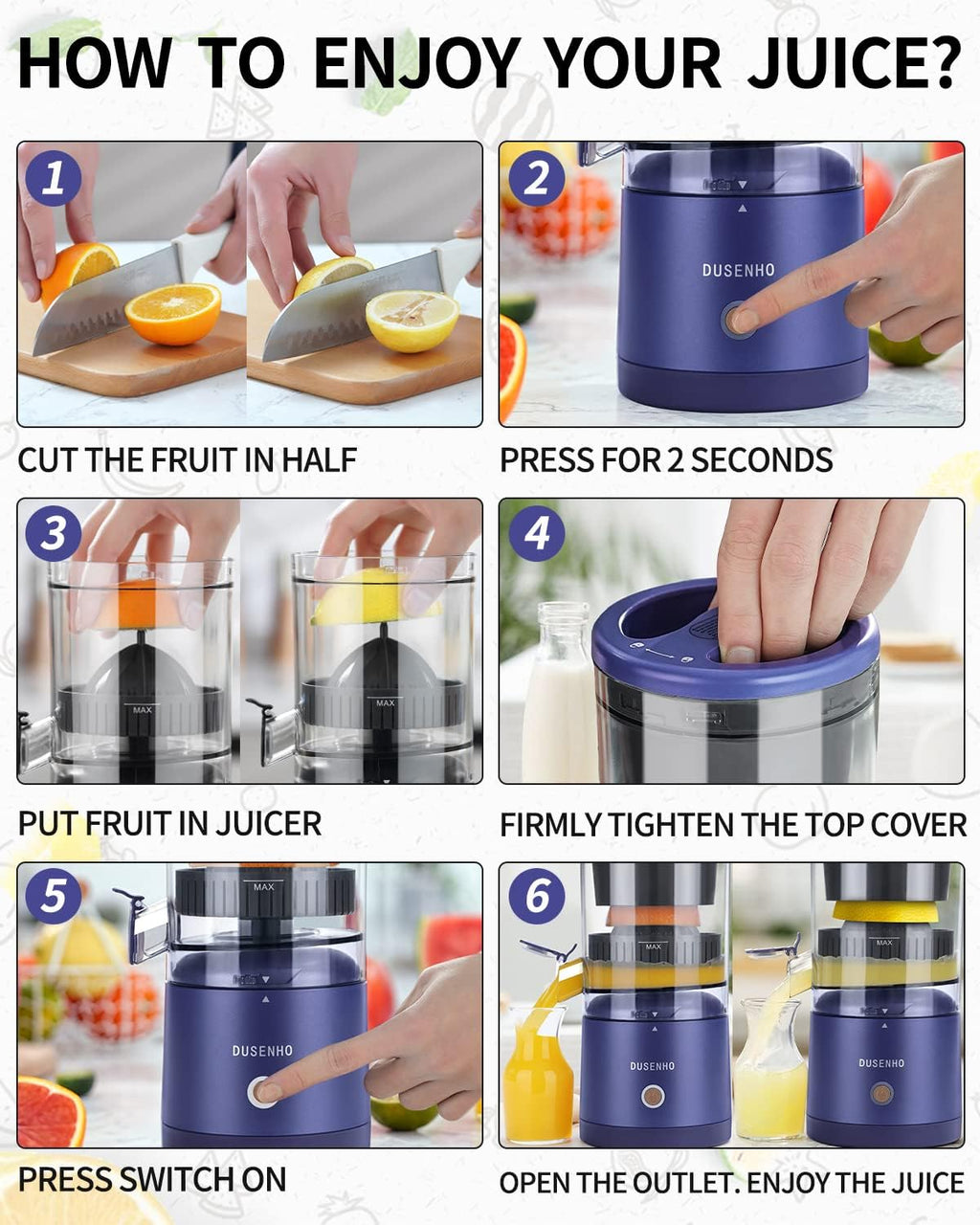 Citrus Juicer Machines Rechargeable - Portable Juicer with USB and Cleaning Brush for Orange, Lemon, Grapefruit