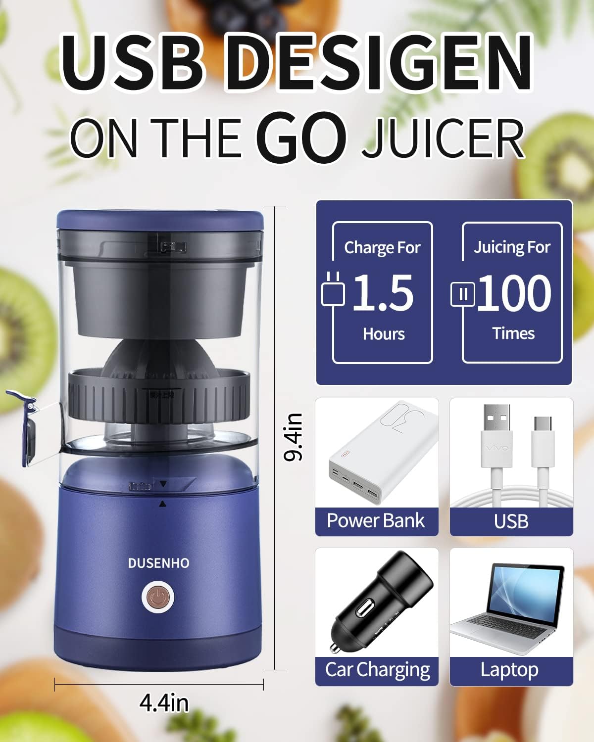 Citrus Juicer Machines Rechargeable - Portable Juicer with USB and Cleaning Brush for Orange, Lemon, Grapefruit