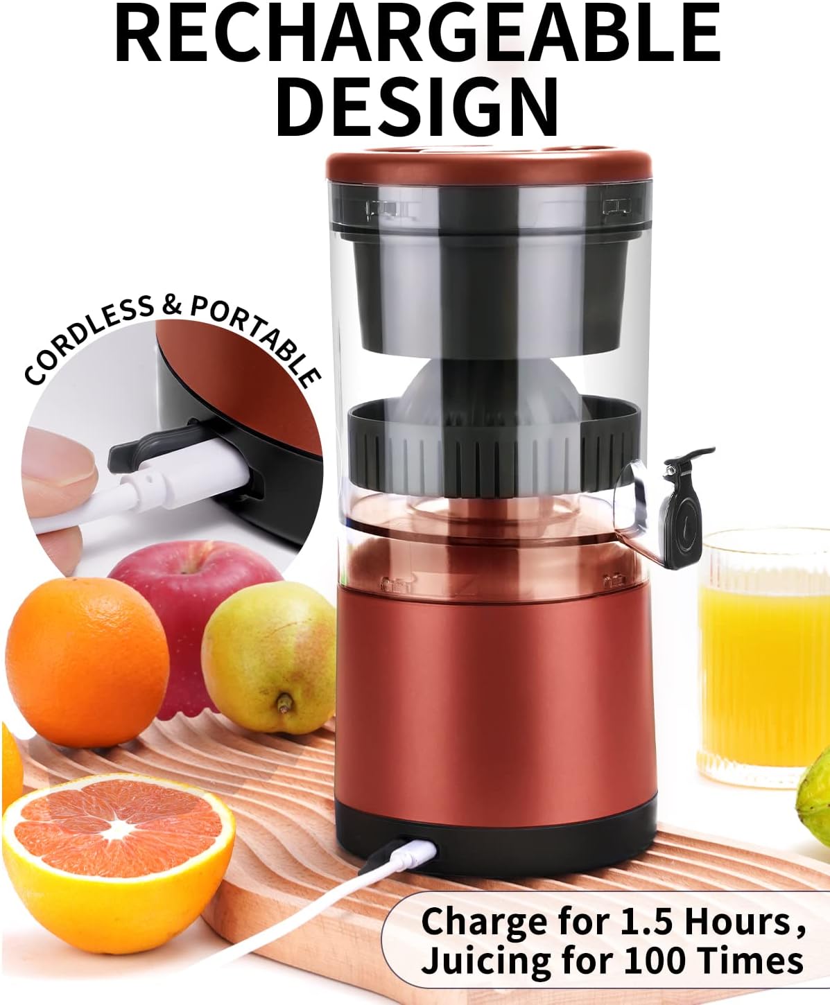 Citrus Juicer Machines Rechargeable - Portable Juicer with USB and Cleaning Brush for Orange, Lemon, Grapefruit