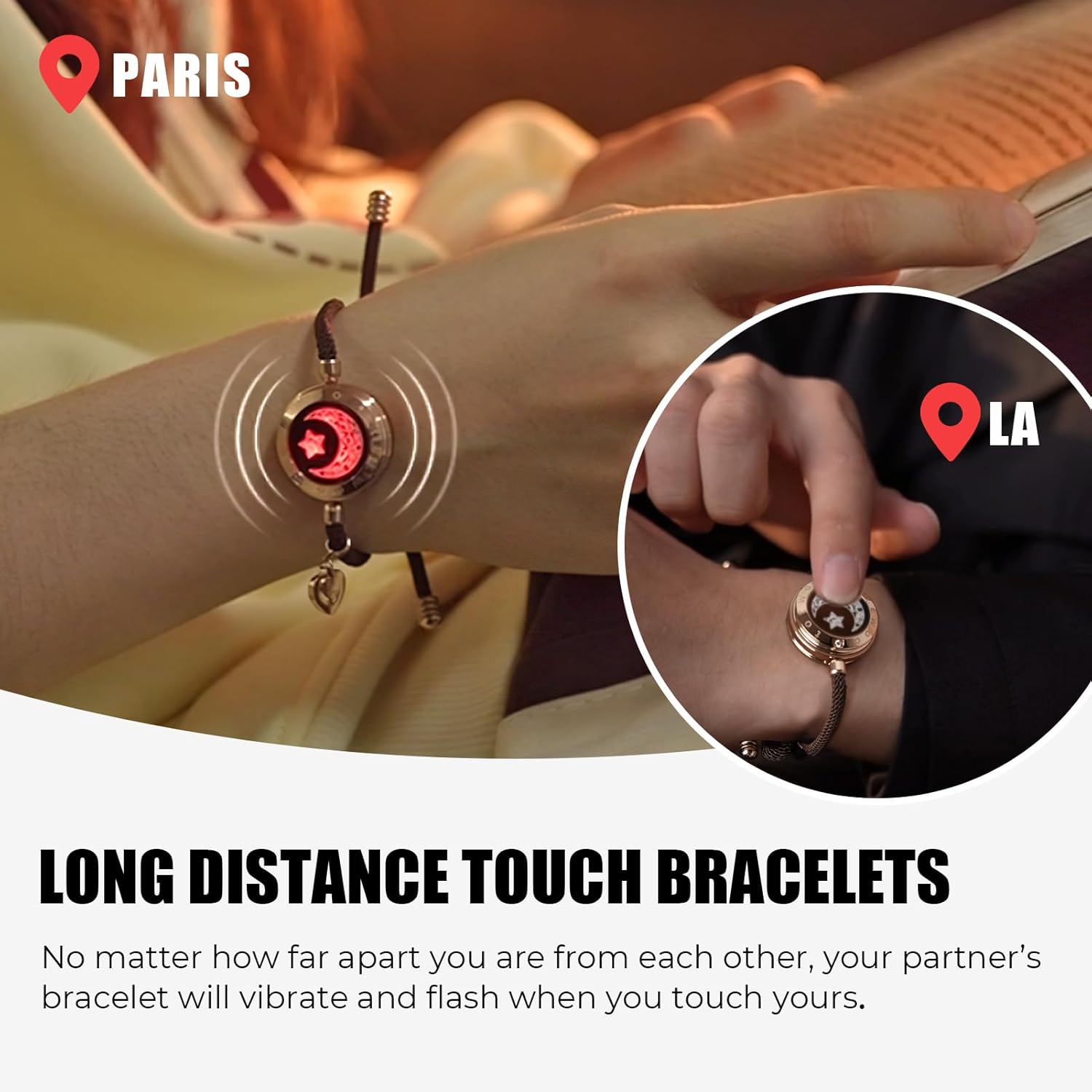 Long Distance Touch Bracelets for Couples, Vibration & Light up for Love Couples Bracelets | Long Distance Relationship Gifts for Girlfriend Bluetooth Pairing Jewelry