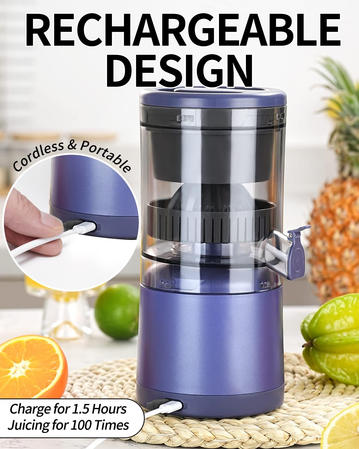 Citrus Juicer Machines Rechargeable - Portable Juicer with USB and Cleaning Brush for Orange, Lemon, Grapefruit