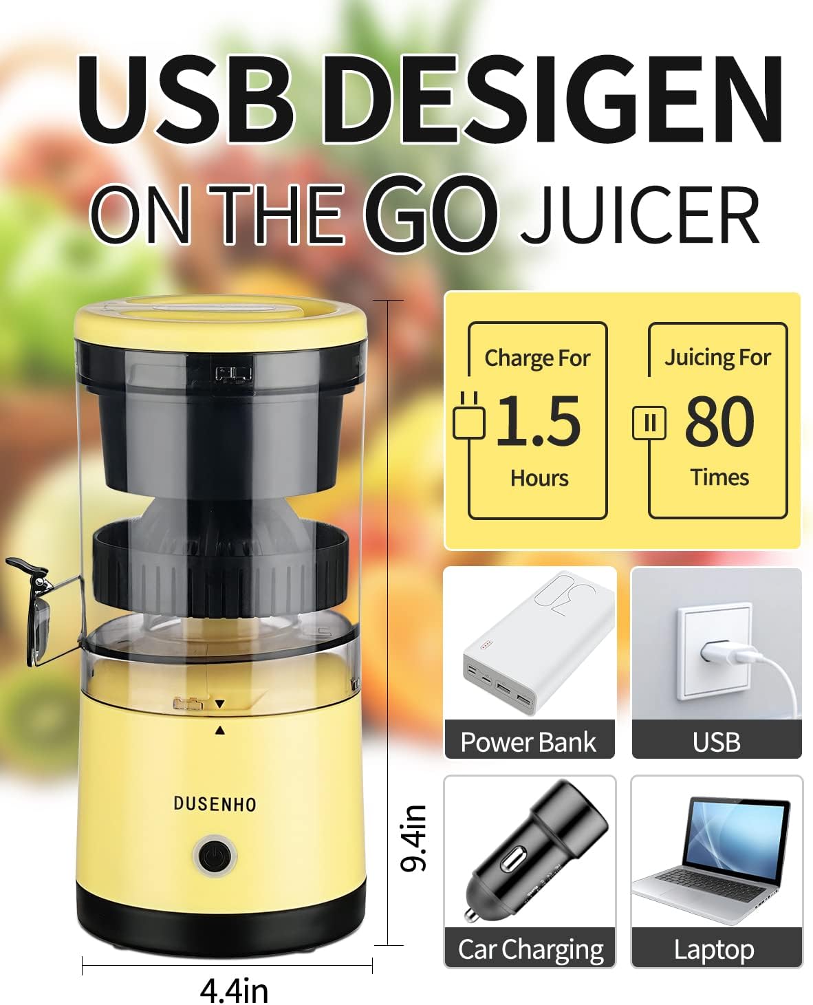 Citrus Juicer Machines Rechargeable - Portable Juicer with USB and Cleaning Brush for Orange, Lemon, Grapefruit